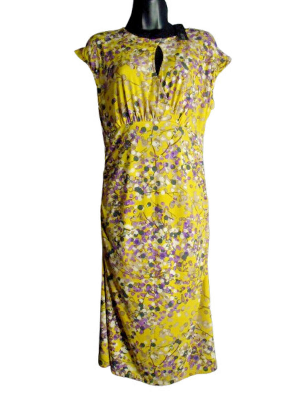 Apt 9 Cap Sleeve Midi Dress Keyhole Neck Ruching Yellow Purple Floral Size Large